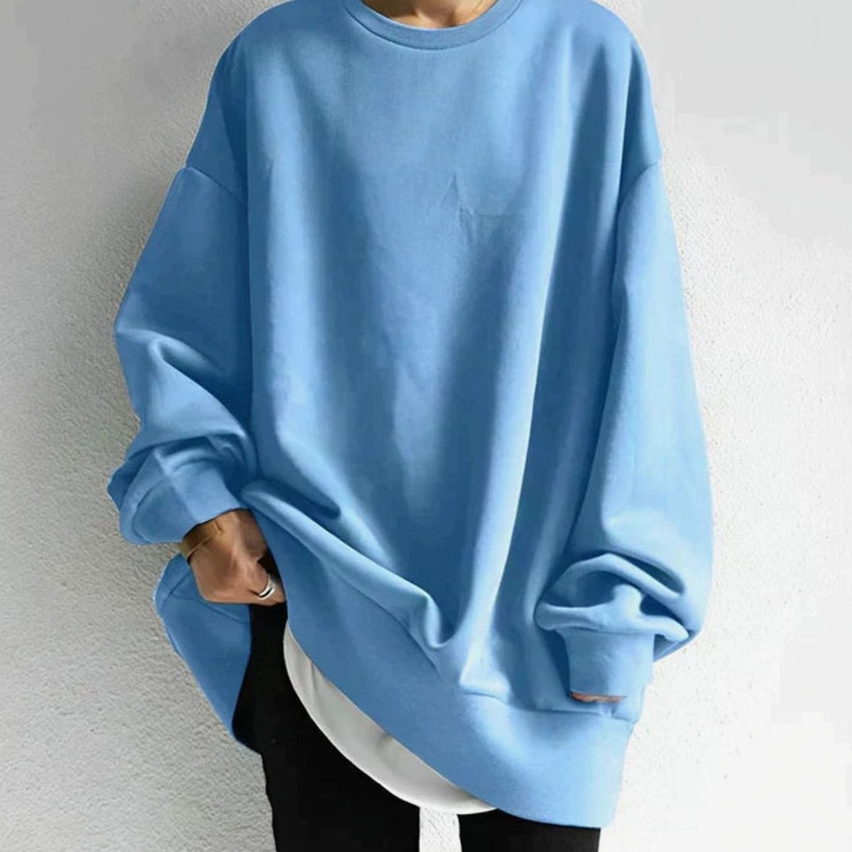 Freya | Women's Oversized Drop-Shoulder Tunic Crewneck Sweater - Light Blue