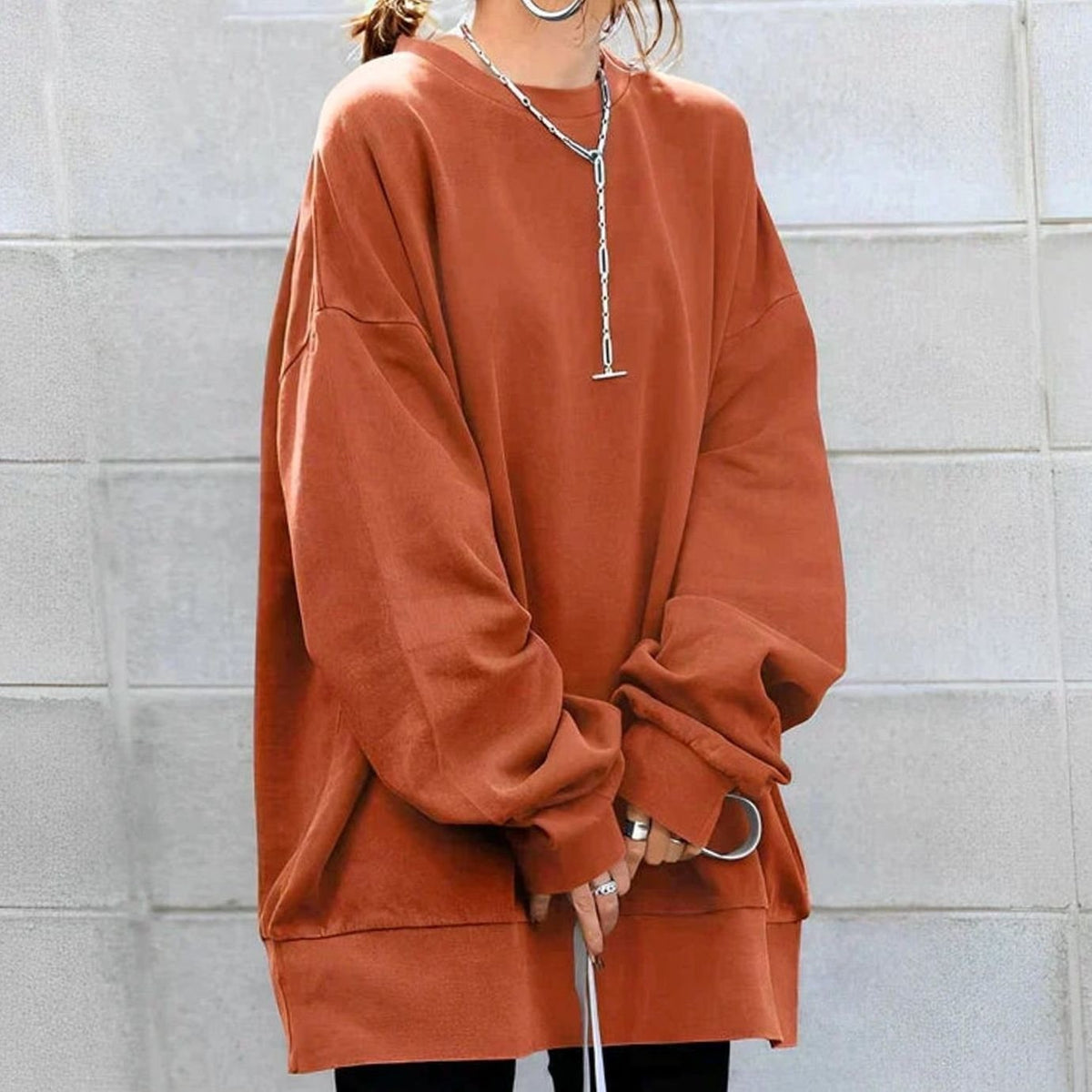 Freya | Women's Oversized Drop-Shoulder Tunic Crewneck Sweater - Orange