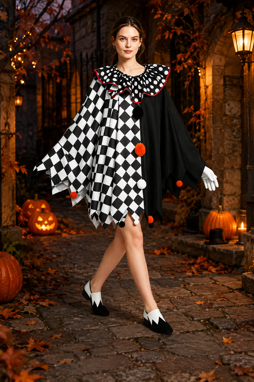 Freya | Women's Polka-Dot Ruffle-Collar Checkerboard Asymmetric Pom-Pom Cape Dress - Black