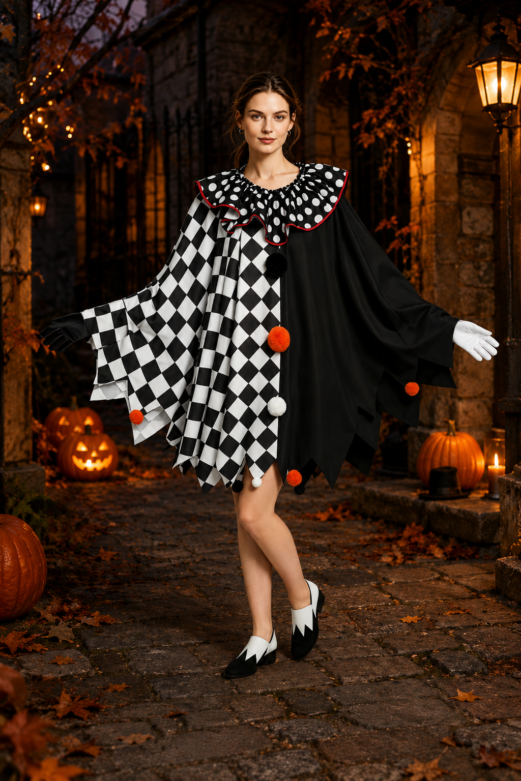 Freya | Women's Polka-Dot Ruffle-Collar Checkerboard Asymmetric Pom-Pom Cape Dress - Black