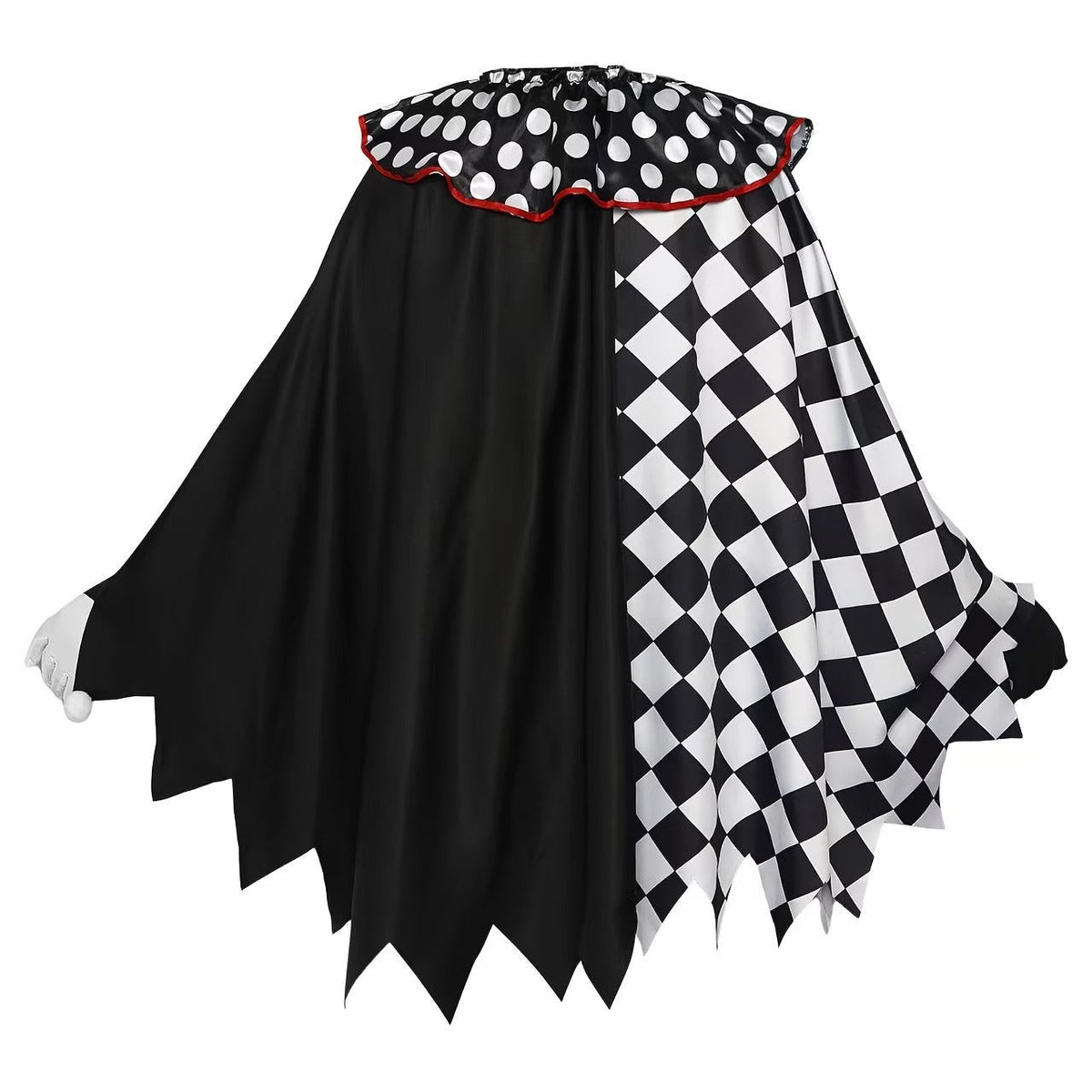 Freya | Women's Polka-Dot Ruffle-Collar Checkerboard Asymmetric Pom-Pom Cape Dress - Black