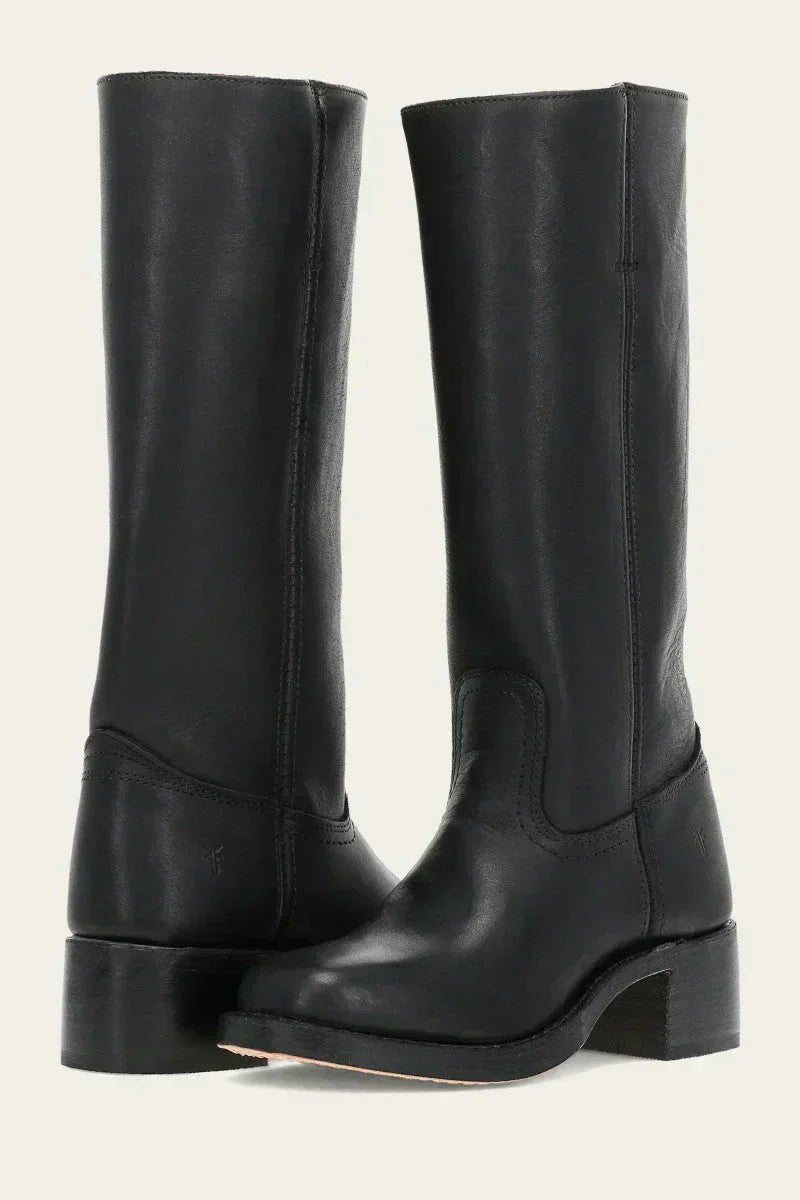 Freya | Women's Pull-On Knee-High Vegan Leather Western Boots with Block Heel - Black