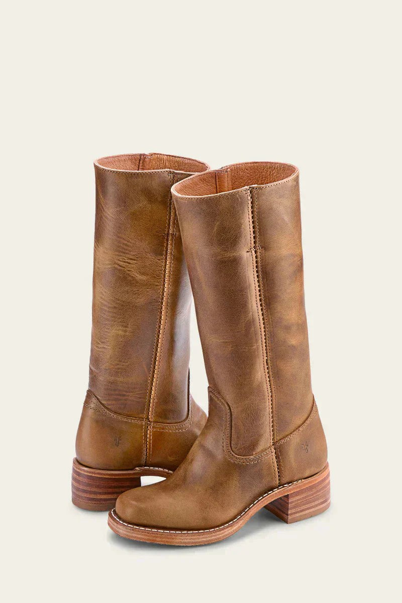 Freya | Women's Pull-On Knee-High Vegan Leather Western Boots with Block Heel - Khaki