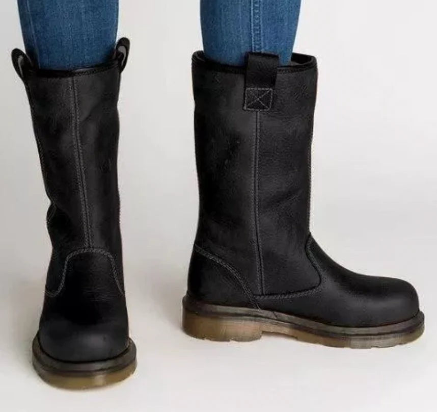 Freya | Women's Round-Toe Lined Vegan Leather Mid-Calf Boots - Black