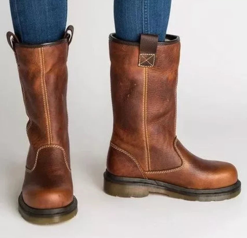 Freya | Women's Round-Toe Lined Vegan Leather Mid-Calf Boots - Brown