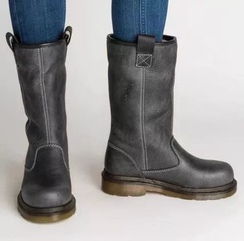Freya | Women's Round-Toe Lined Vegan Leather Mid-Calf Boots - Grey