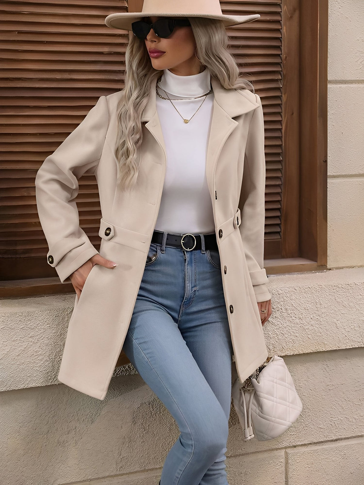 Freya | Women's Single-Breasted Notch Lapel Waist Tab Trench Coat - Beige