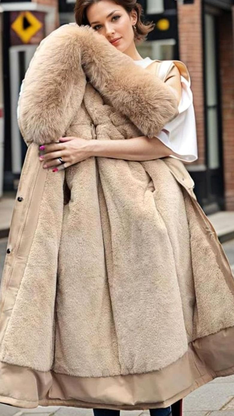 Freya | Women's Waterproof Zip-Front Hooded Mid-Length Parka Coat with Faux-Fur Trim - Beige