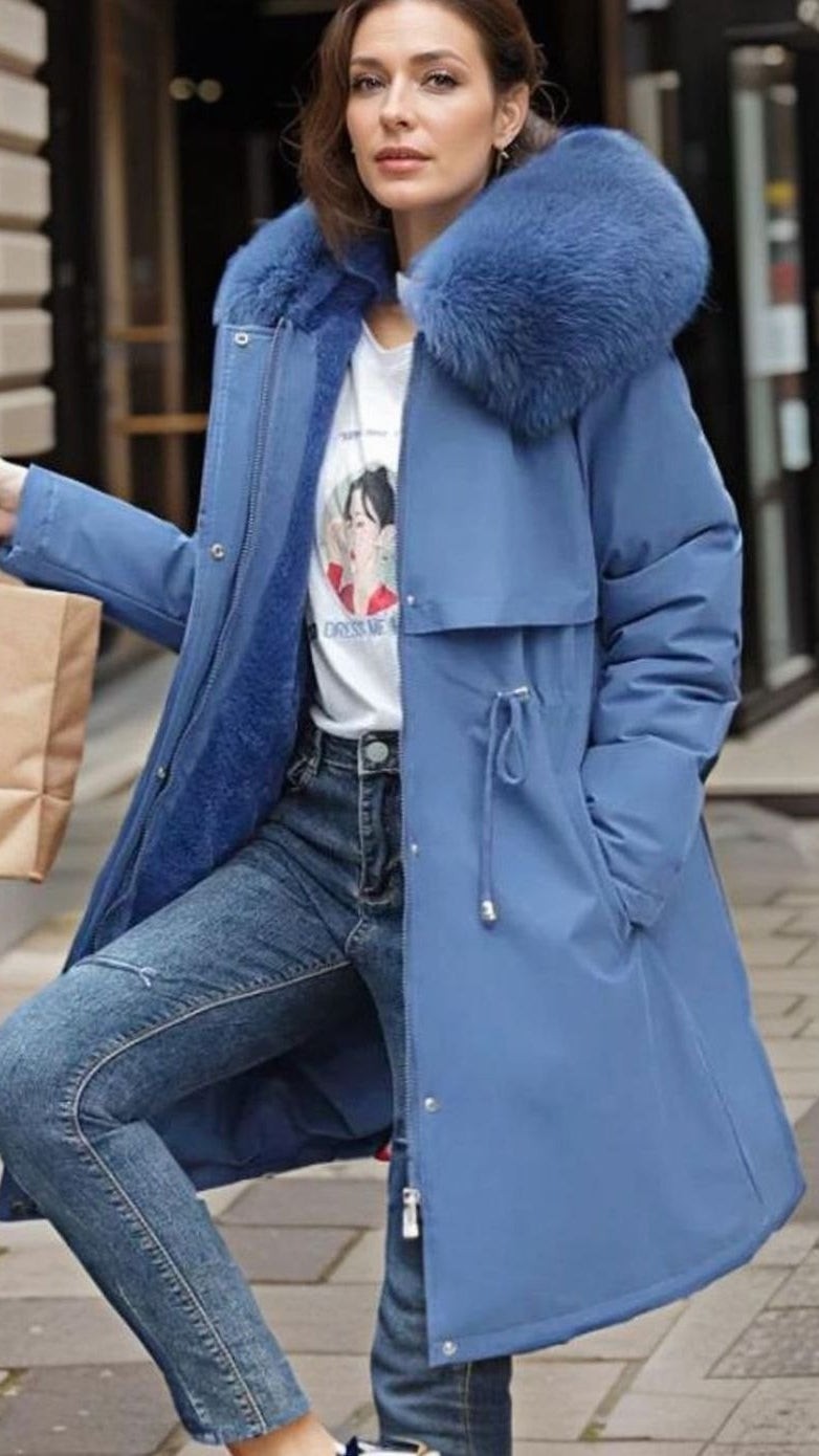Freya | Women's Waterproof Zip-Front Hooded Mid-Length Parka Coat with Faux-Fur Trim - Blue
