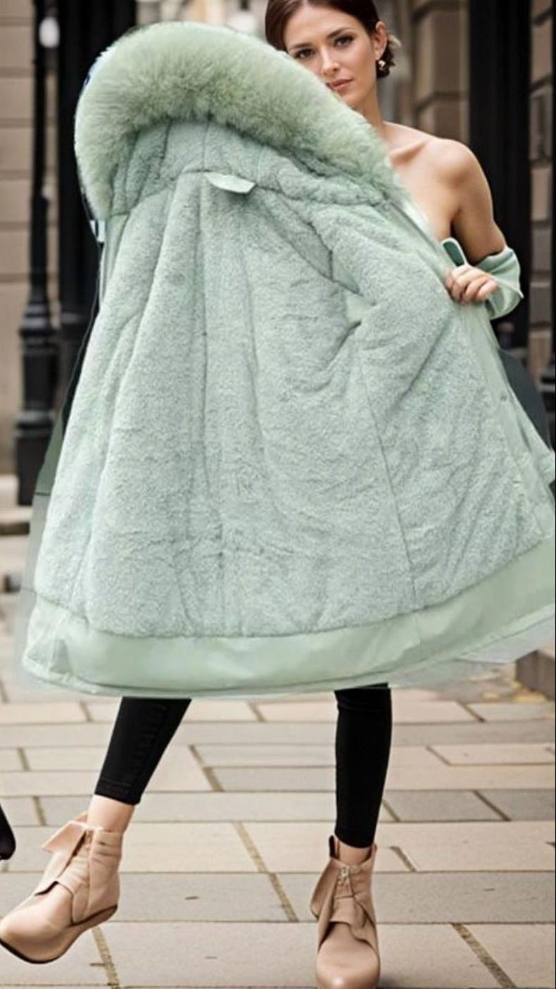 Freya | Women's Waterproof Zip-Front Hooded Mid-Length Parka Coat with Faux-Fur Trim - Green