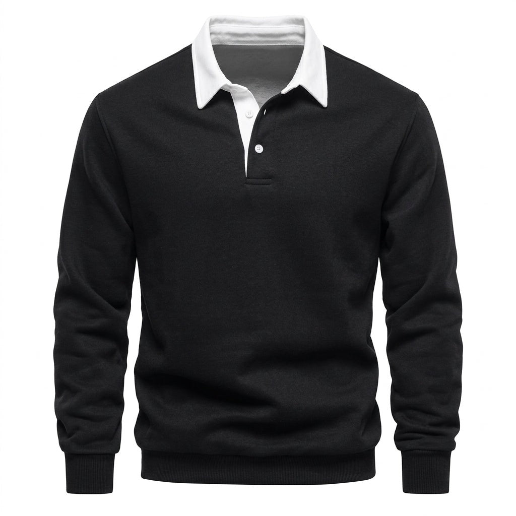 George | Men's Long-Sleeve Tailored Polo Jumper with Contrast Collar - Black