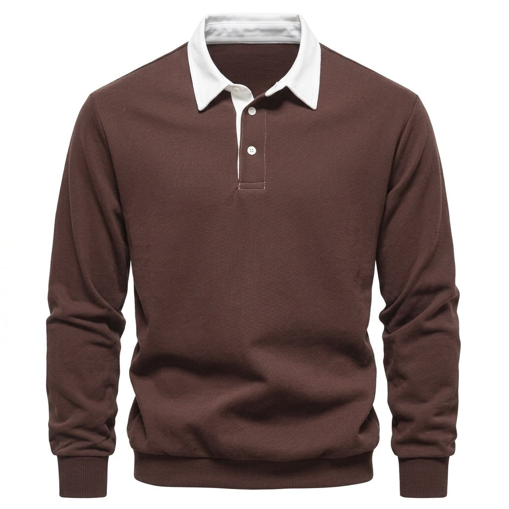 George | Men's Long-Sleeve Tailored Polo Jumper with Contrast Collar - Brown