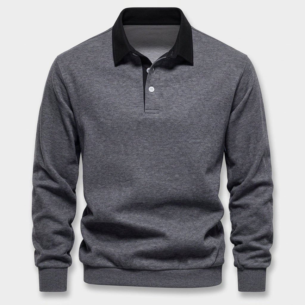 George | Men's Long-Sleeve Tailored Polo Jumper with Contrast Collar - Dark Gray