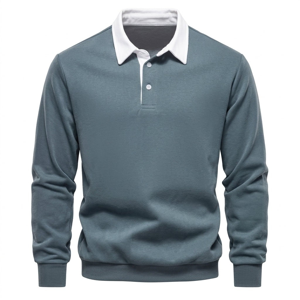 George | Men's Long-Sleeve Tailored Polo Jumper with Contrast Collar - Green