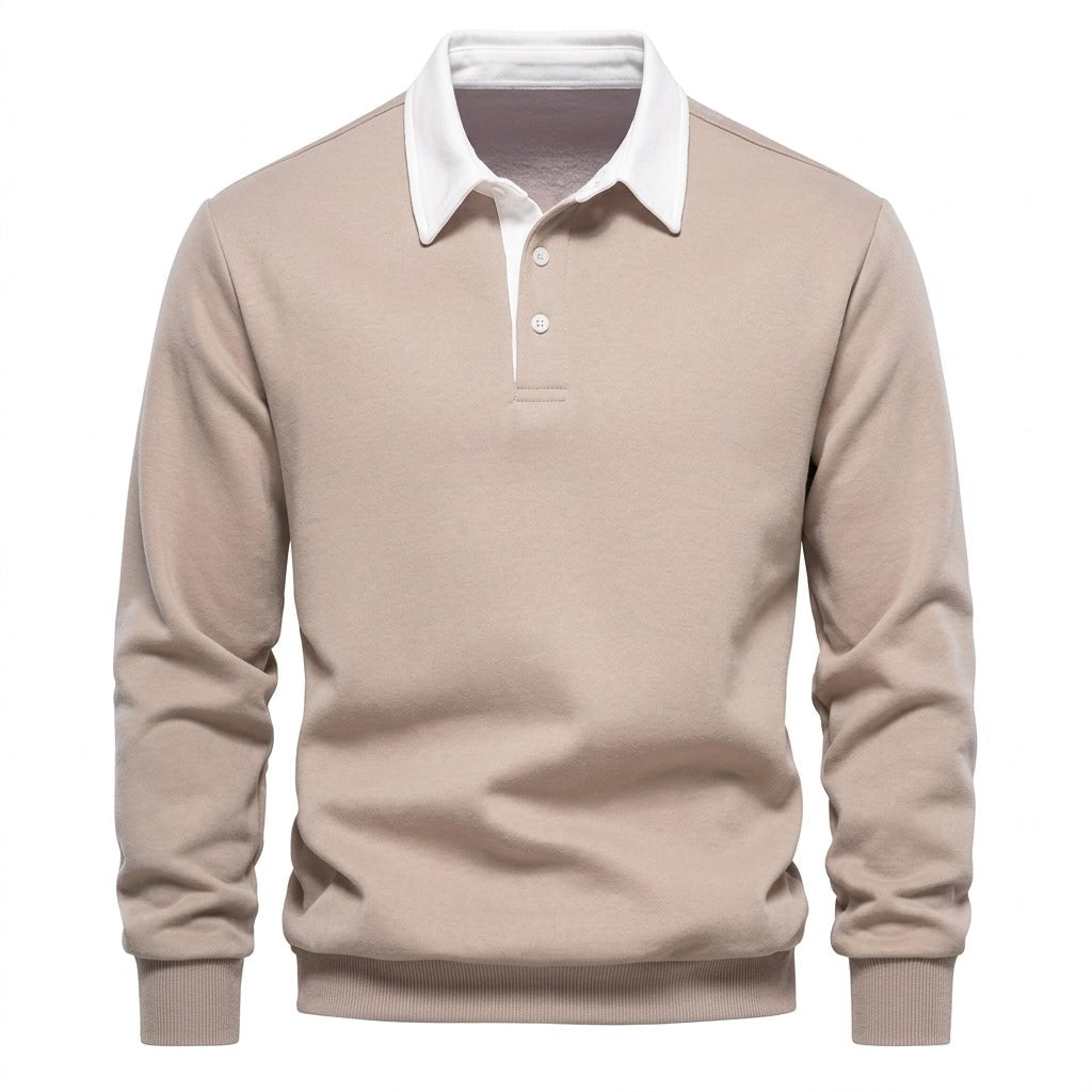 George | Men's Long-Sleeve Tailored Polo Jumper with Contrast Collar - Khaki
