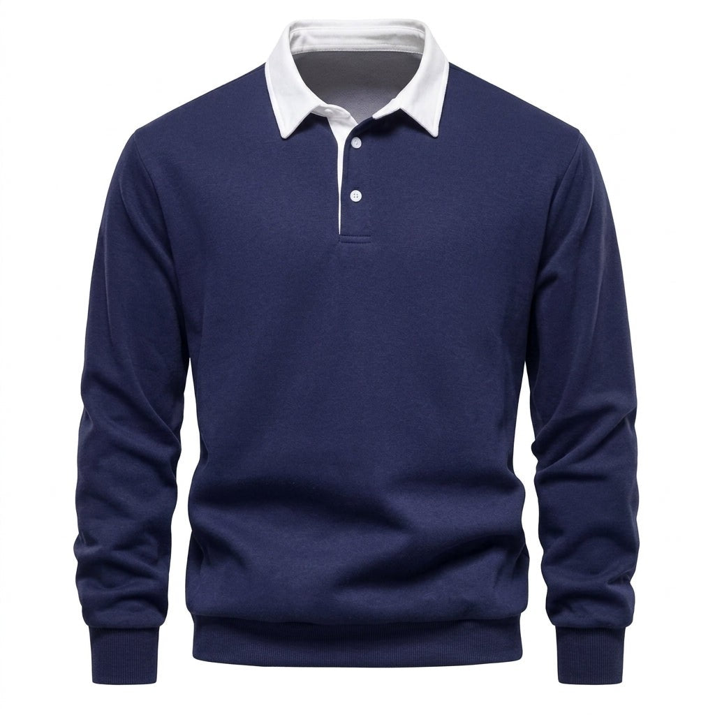 George | Men's Long-Sleeve Tailored Polo Jumper with Contrast Collar - Navy Blue