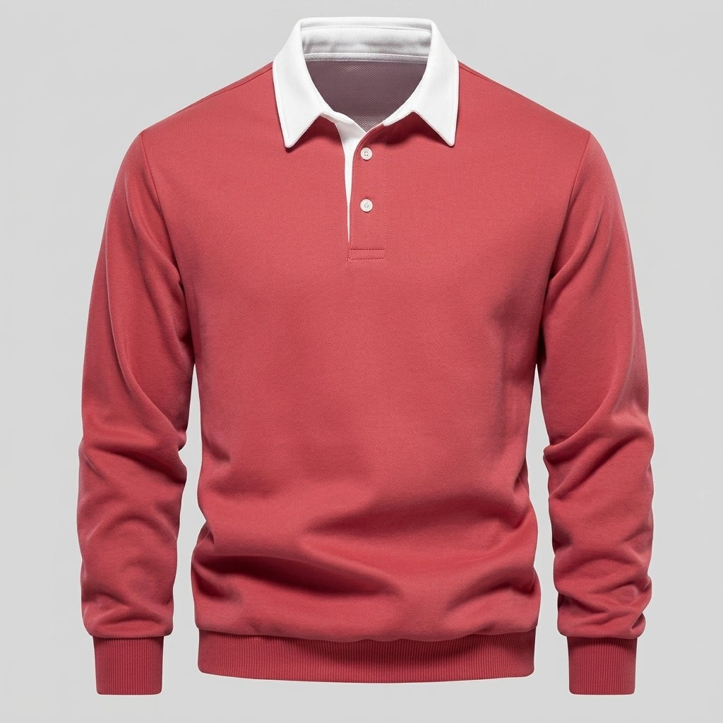 George | Men's Long-Sleeve Tailored Polo Jumper with Contrast Collar - Red