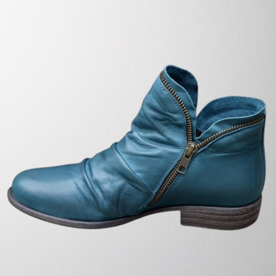George | Women's Ruched Ankle Boot with Side Zip Flat Heel - Blue