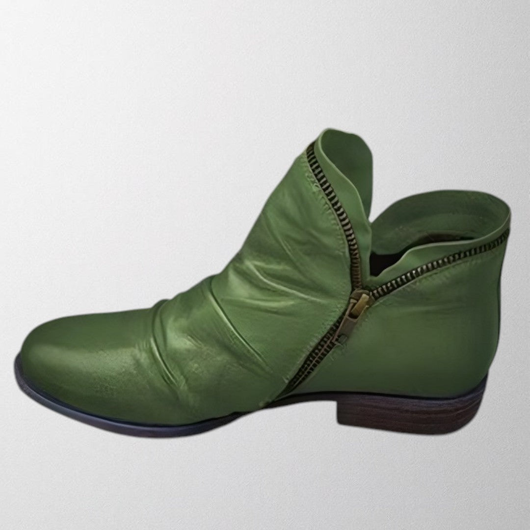 George | Women's Ruched Ankle Boot with Side Zip Flat Heel - Green