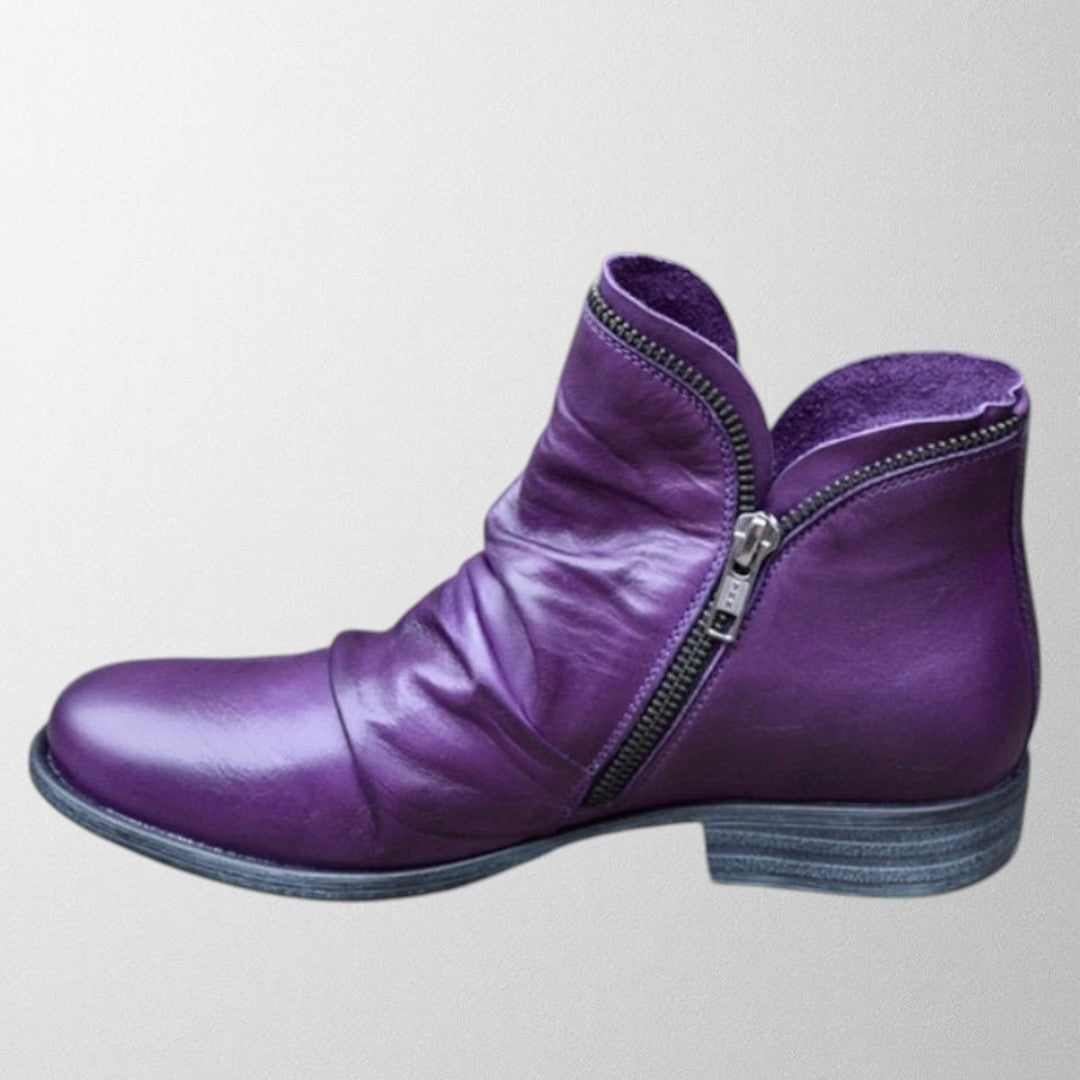 George | Women's Ruched Ankle Boot with Side Zip Flat Heel - Purple