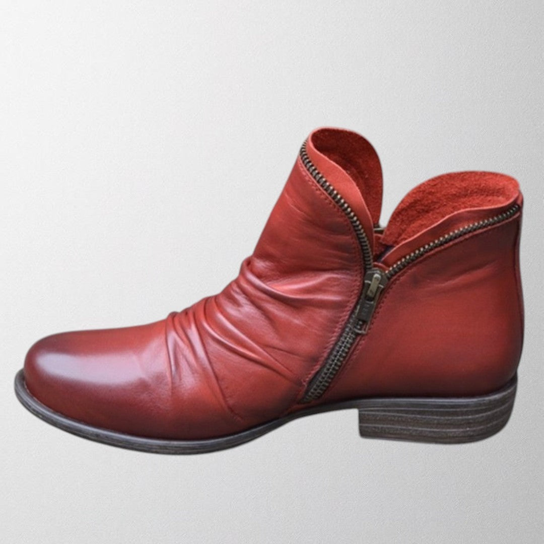 George | Women's Ruched Ankle Boot with Side Zip Flat Heel - Red