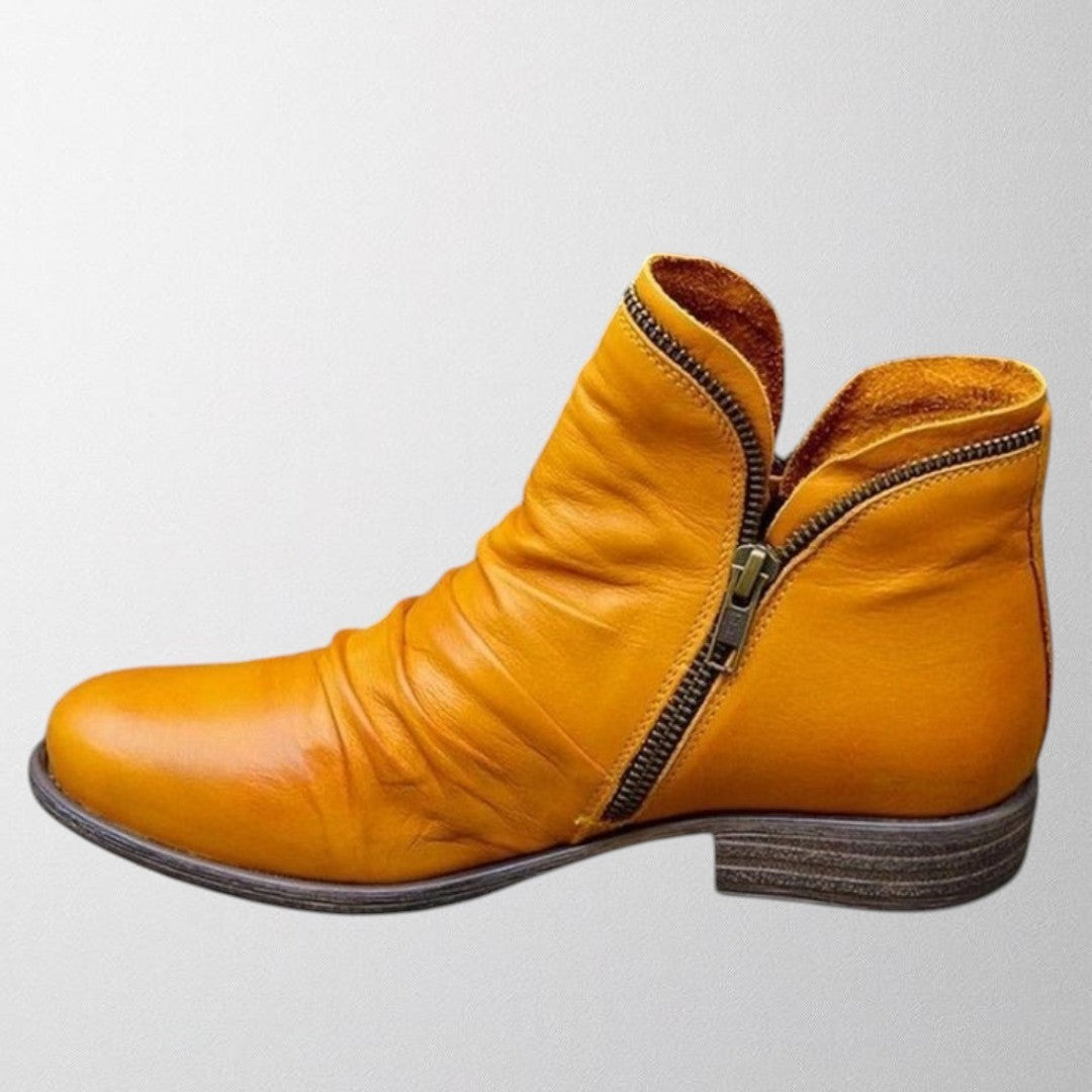 George | Women's Ruched Ankle Boot with Side Zip Flat Heel - Yellow