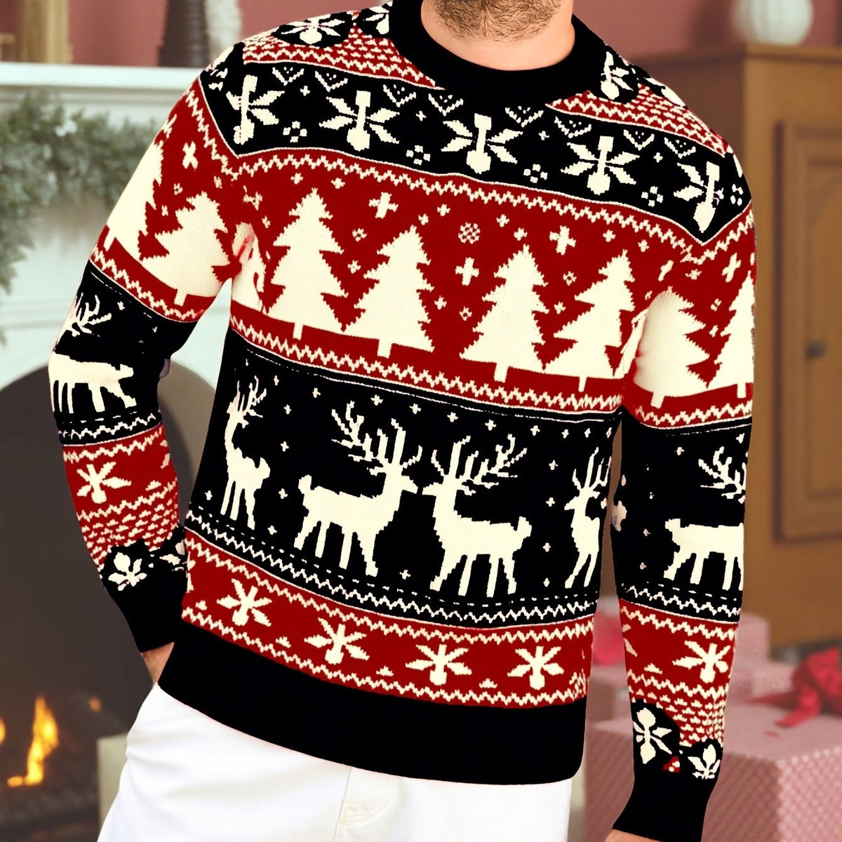 Grace | Men's Christmas Jumper Festive Reindeer Crew-Neck Relaxed-Fit Knit - Black