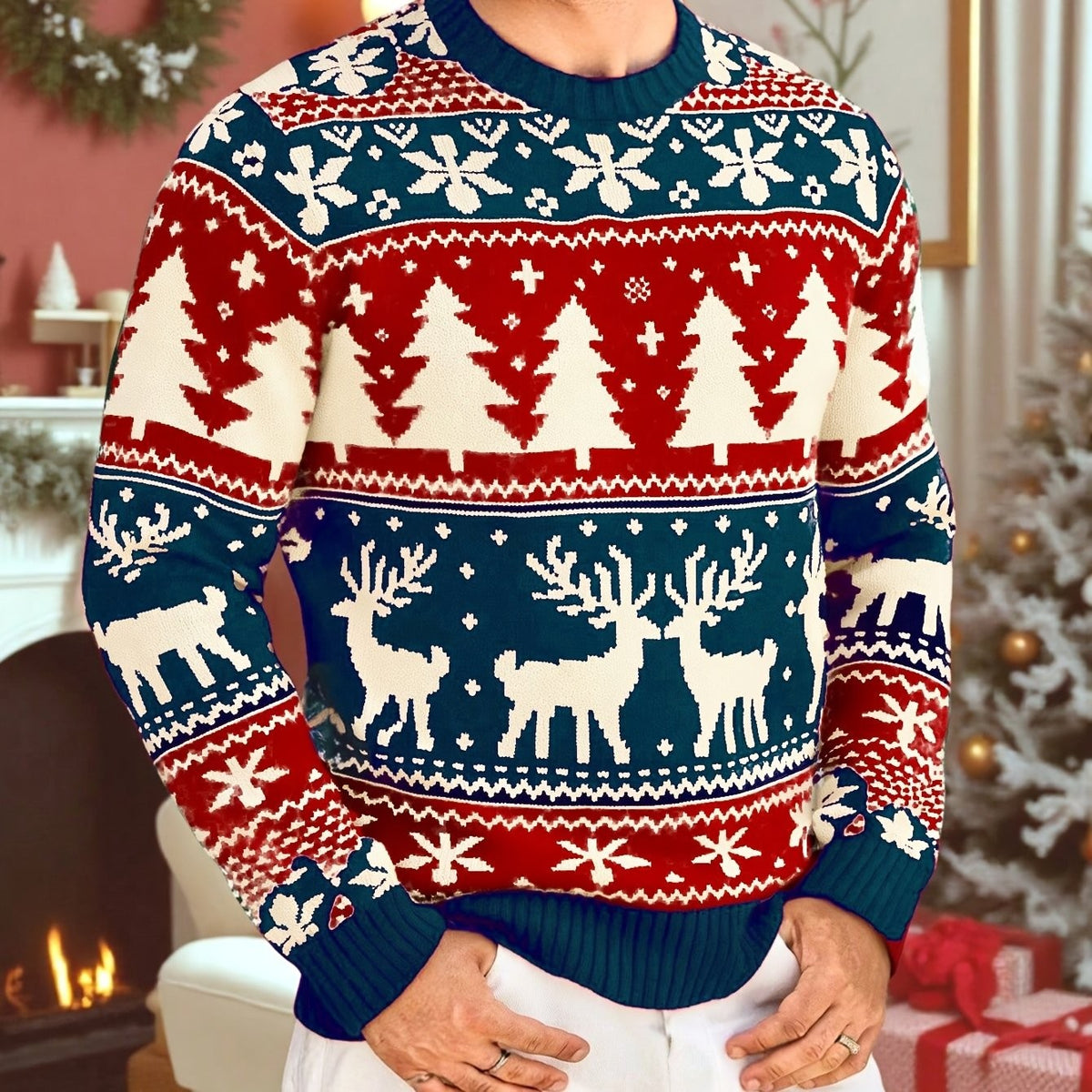 Grace | Men's Christmas Jumper Festive Reindeer Crew-Neck Relaxed-Fit Knit - Blue