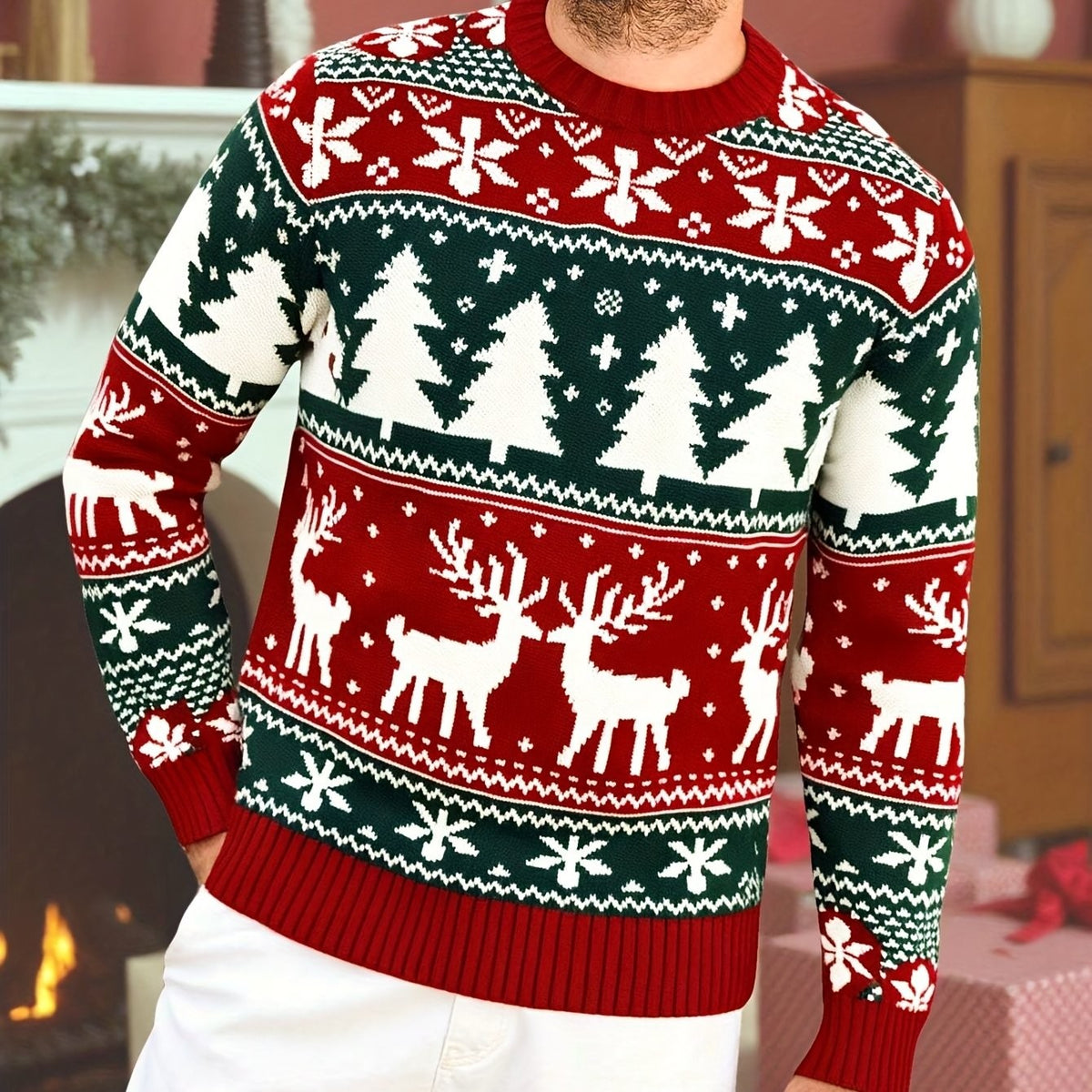 Grace | Men's Christmas Jumper Festive Reindeer Crew-Neck Relaxed-Fit Knit - Red