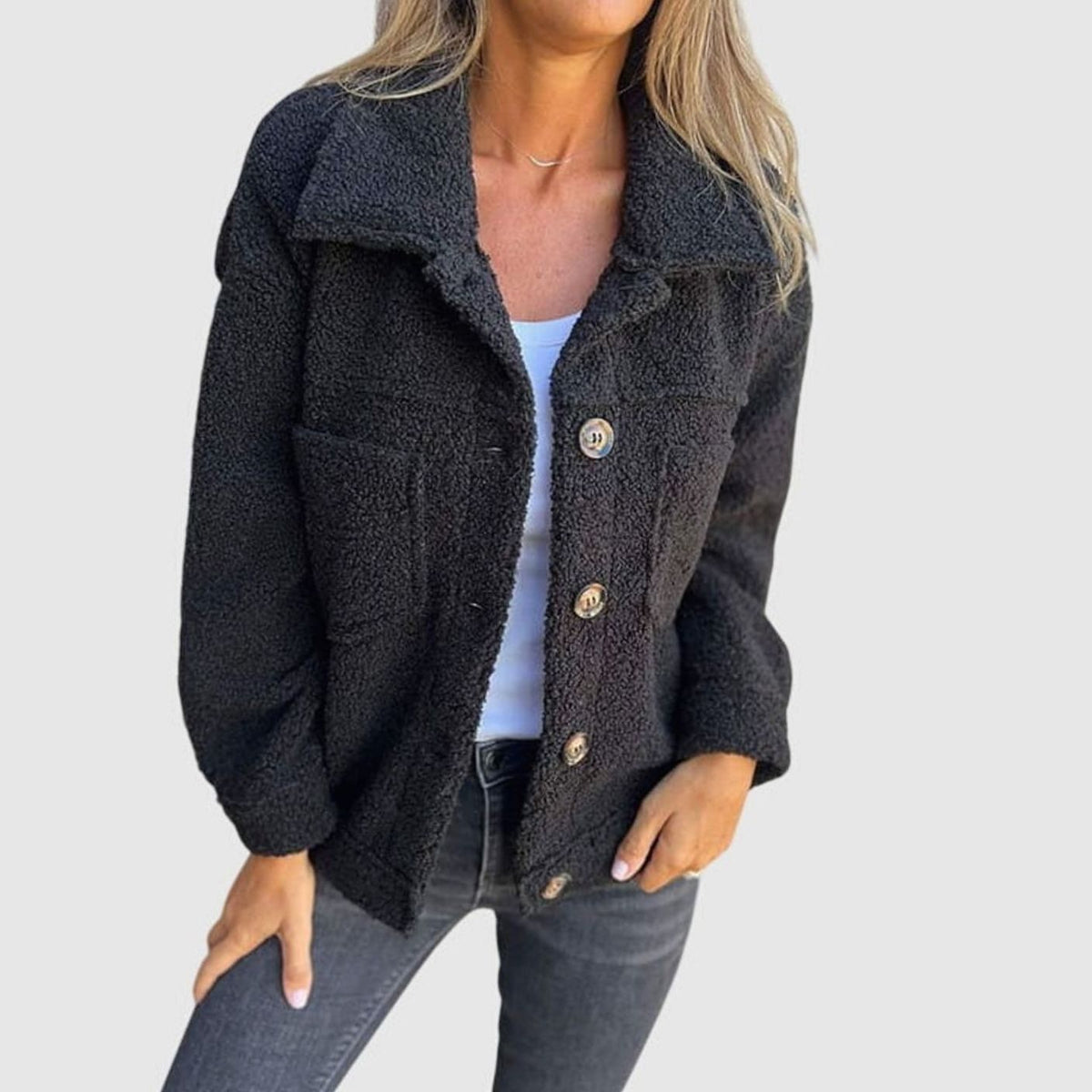 Grace | Women's Relaxed-Fit Sherpa Button-Front Collared Jacket - Black