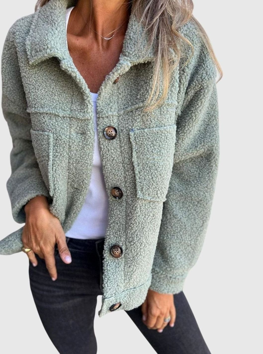 Grace | Women's Relaxed-Fit Sherpa Button-Front Collared Jacket - Green