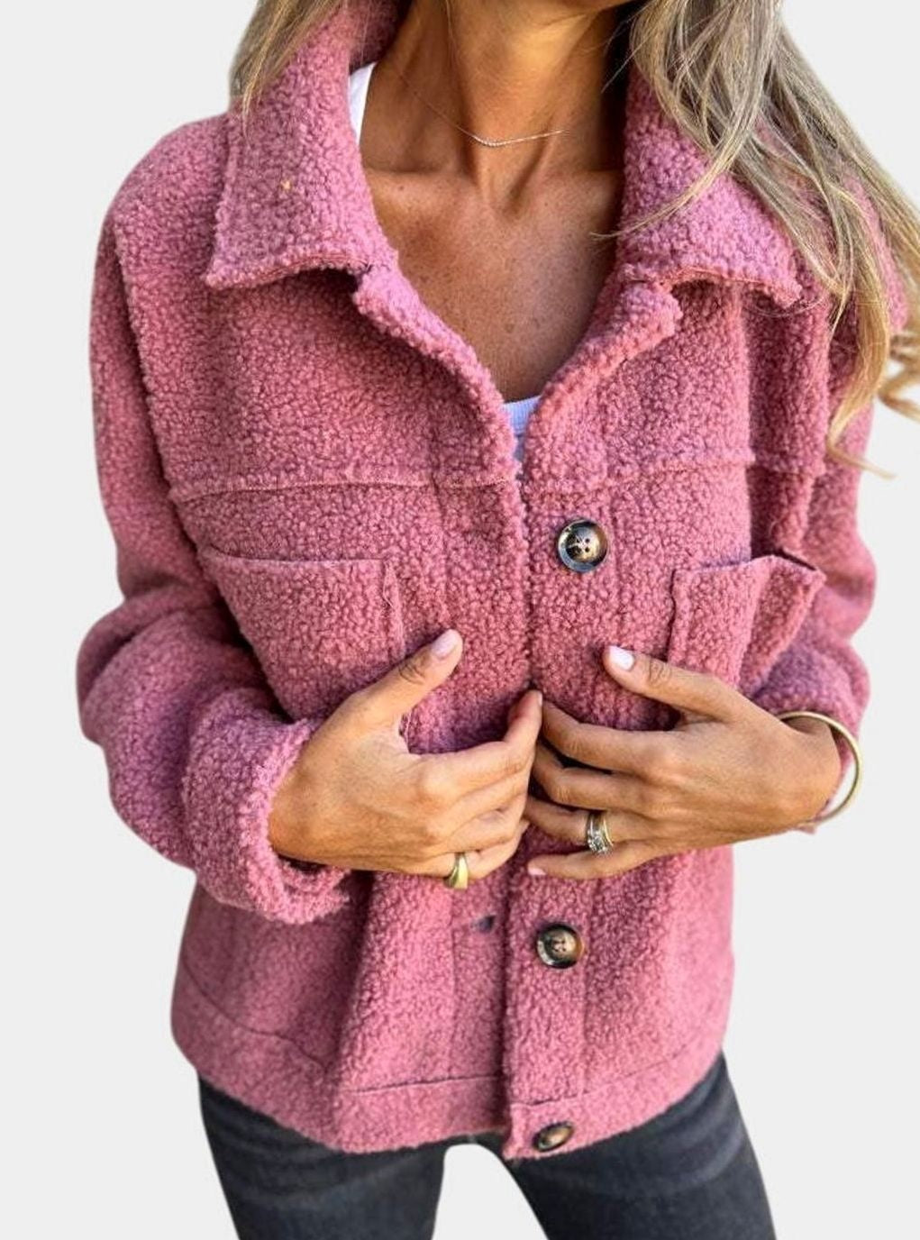 Grace | Women's Relaxed-Fit Sherpa Button-Front Collared Jacket - Pink