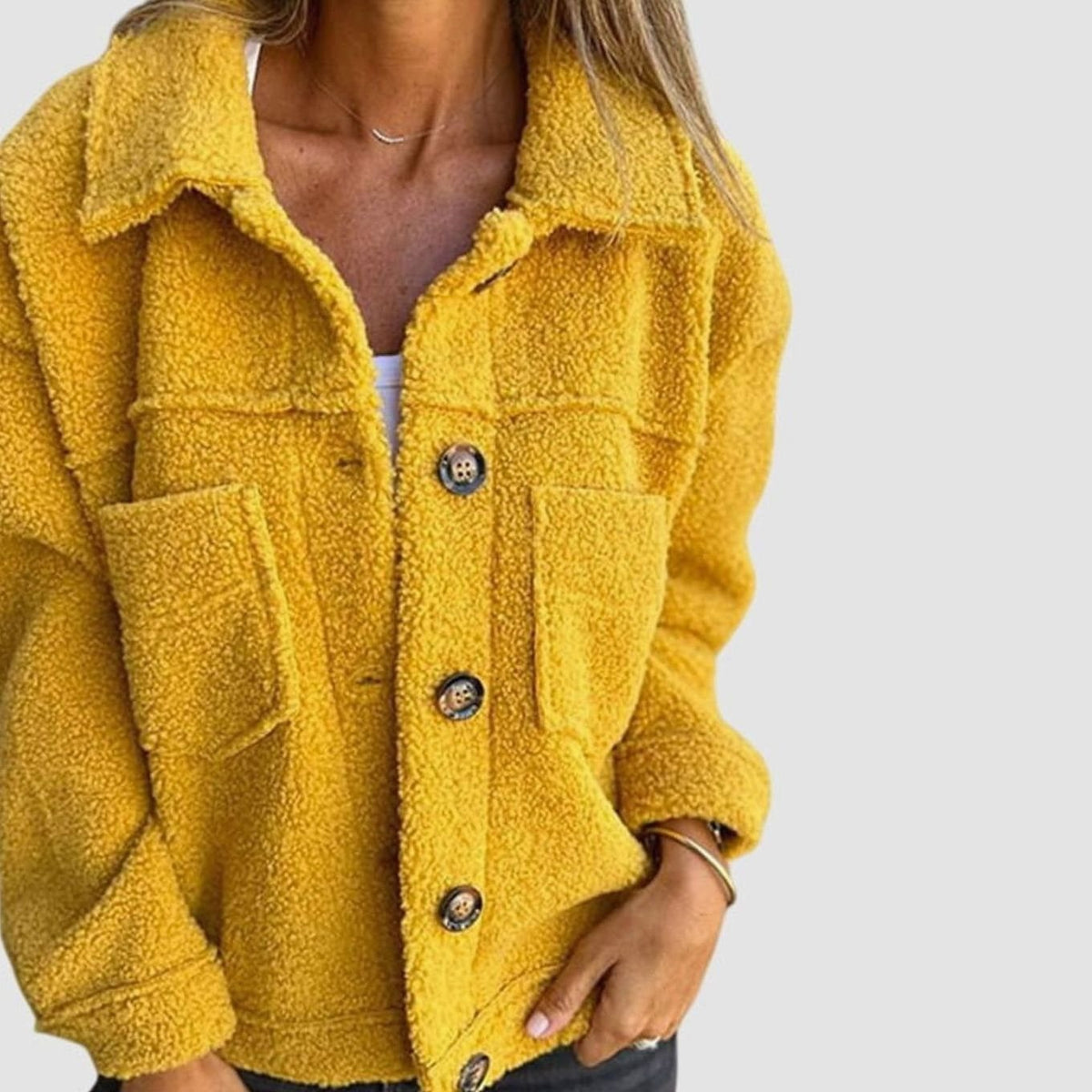 Grace | Women's Relaxed-Fit Sherpa Button-Front Collared Jacket - Yellow
