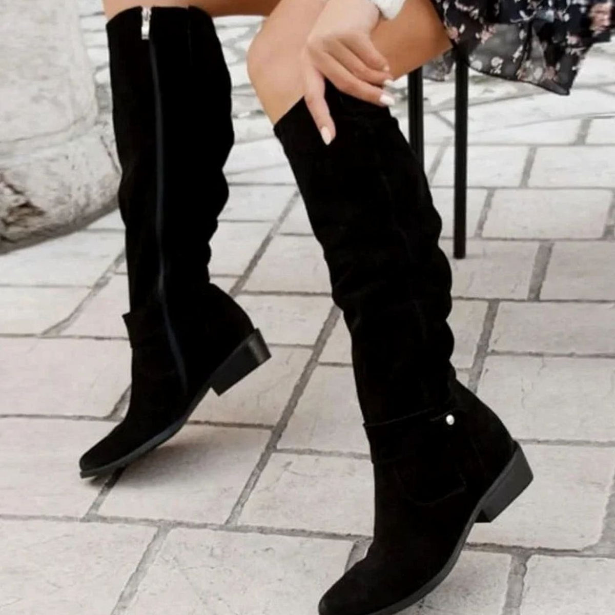 Grace | Women's Slouchy Knee-High Suede Boots Side-Zip Low Block Heel - Black