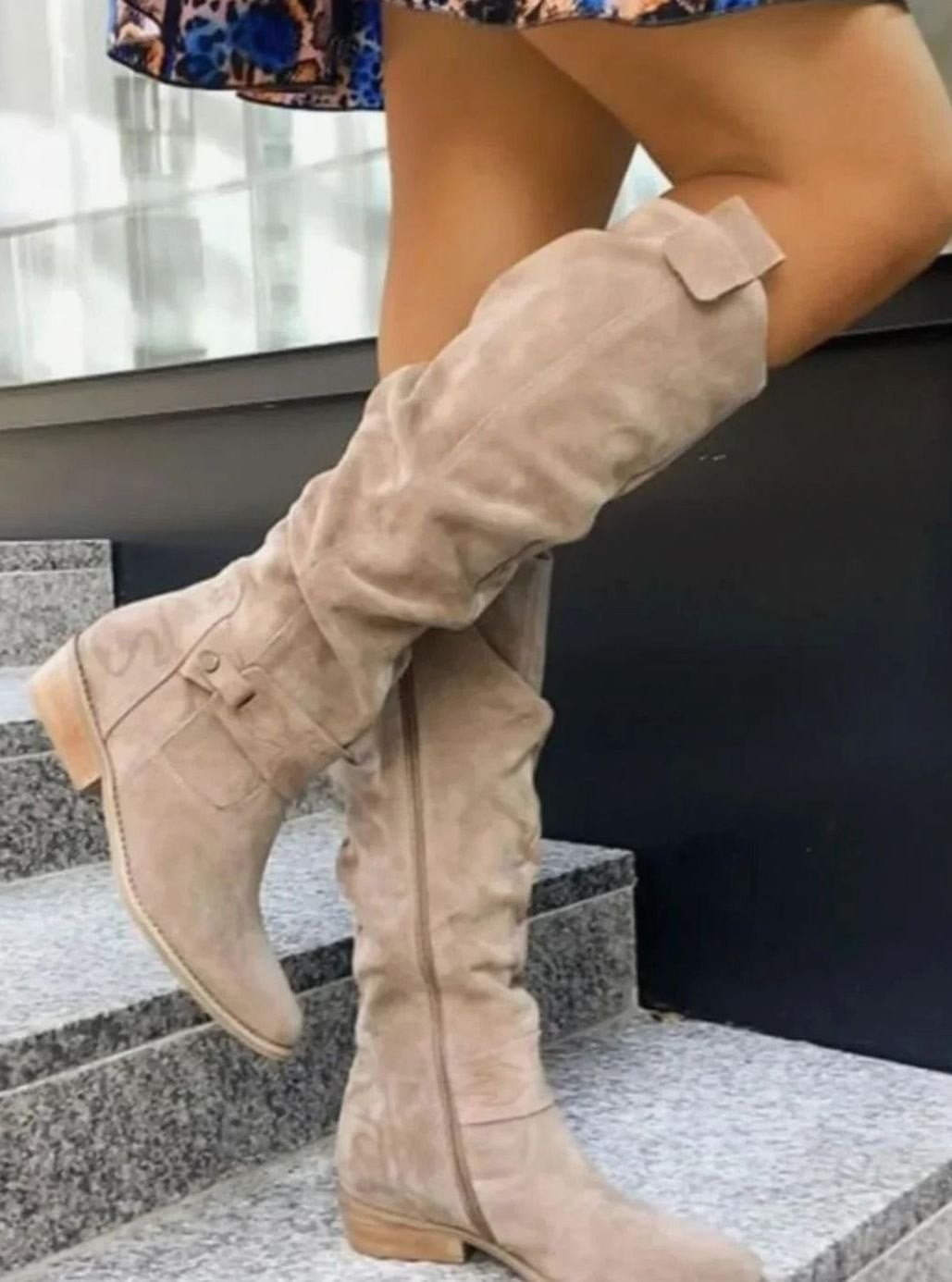 Grace | Women's Slouchy Knee-High Suede Boots Side-Zip Low Block Heel - Light Brown