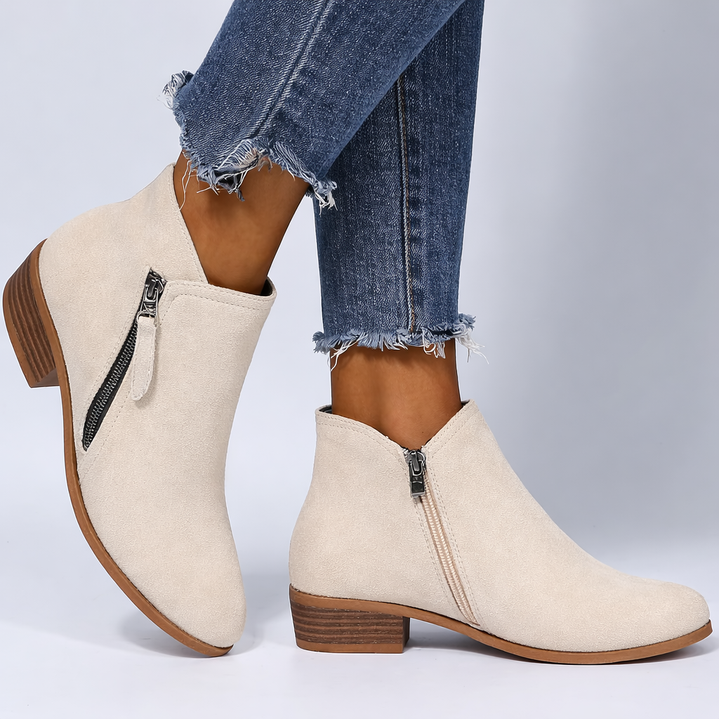 Grace | Women's Suede Side-Zip Ankle Boots with Stacked Low Heel - Beige