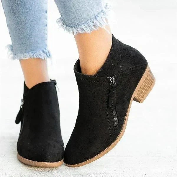 Grace | Women's Suede Side-Zip Ankle Boots with Stacked Low Heel - Black