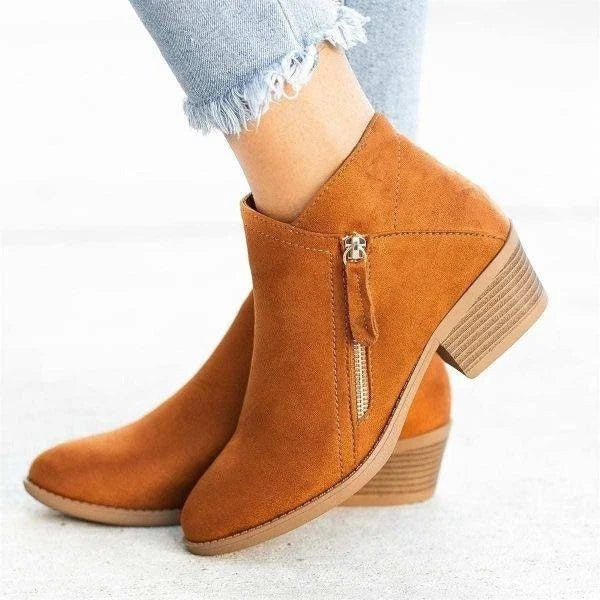 Grace | Women's Suede Side-Zip Ankle Boots with Stacked Low Heel - Orange
