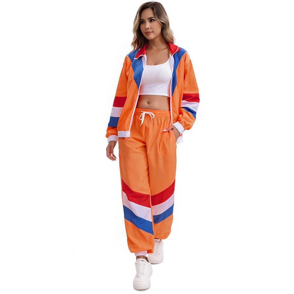 Harriet | Women's Colour-Block Full-Zip Jacket and Drawstring Trousers Retro Track Suit - Orange