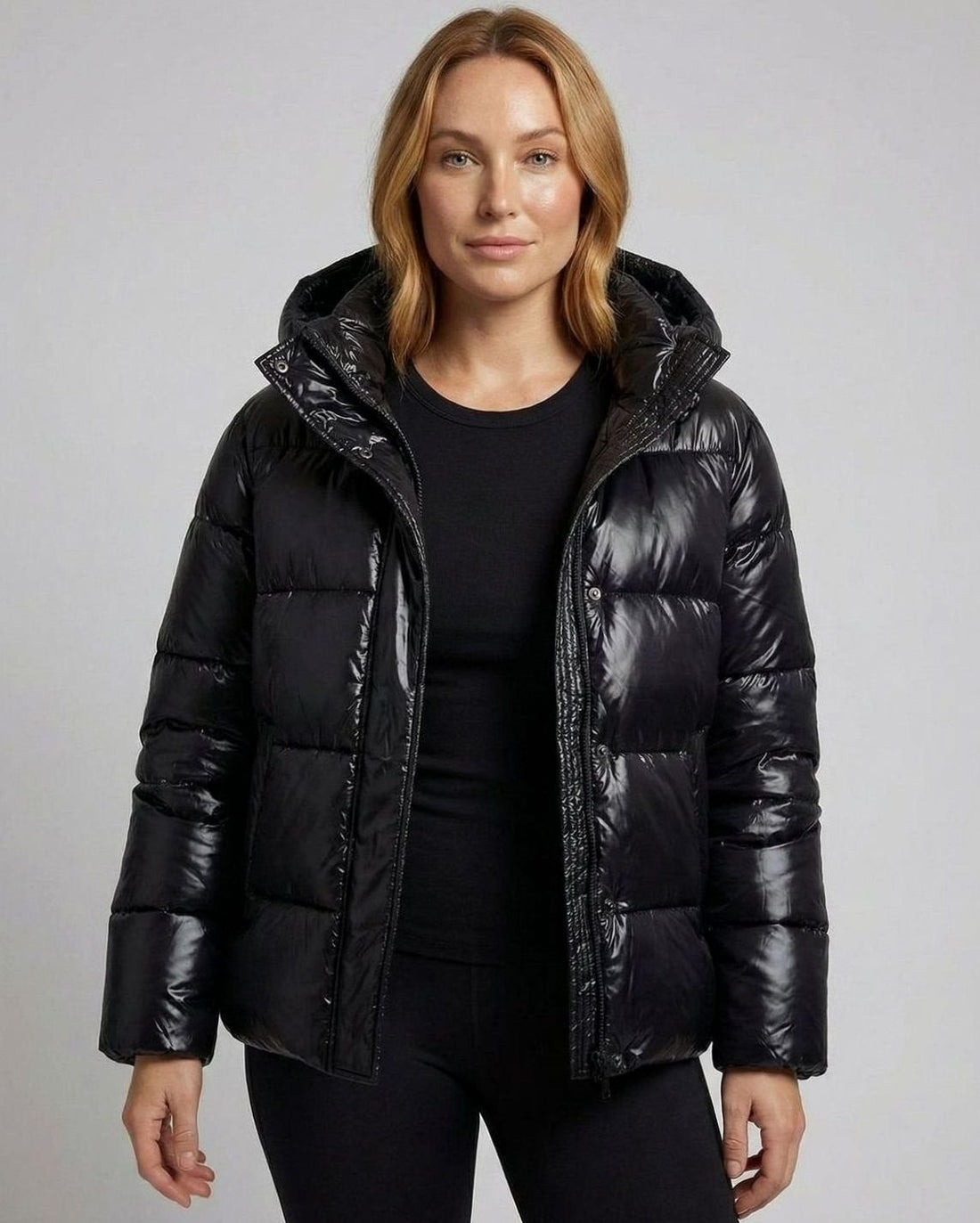 Harriet | Women's Glossy Hooded Quilted Puffer Jacket with Full-Zip Closure - Black