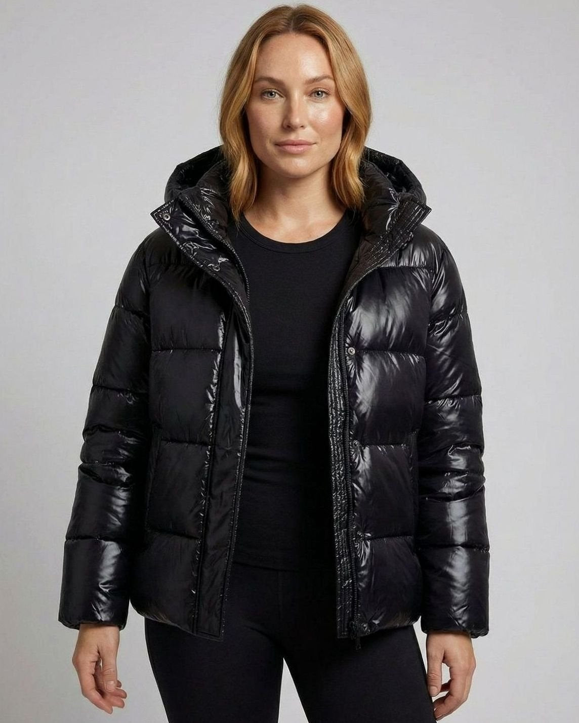 Harriet | Women's Glossy Hooded Quilted Puffer Jacket with Full-Zip Closure - Black
