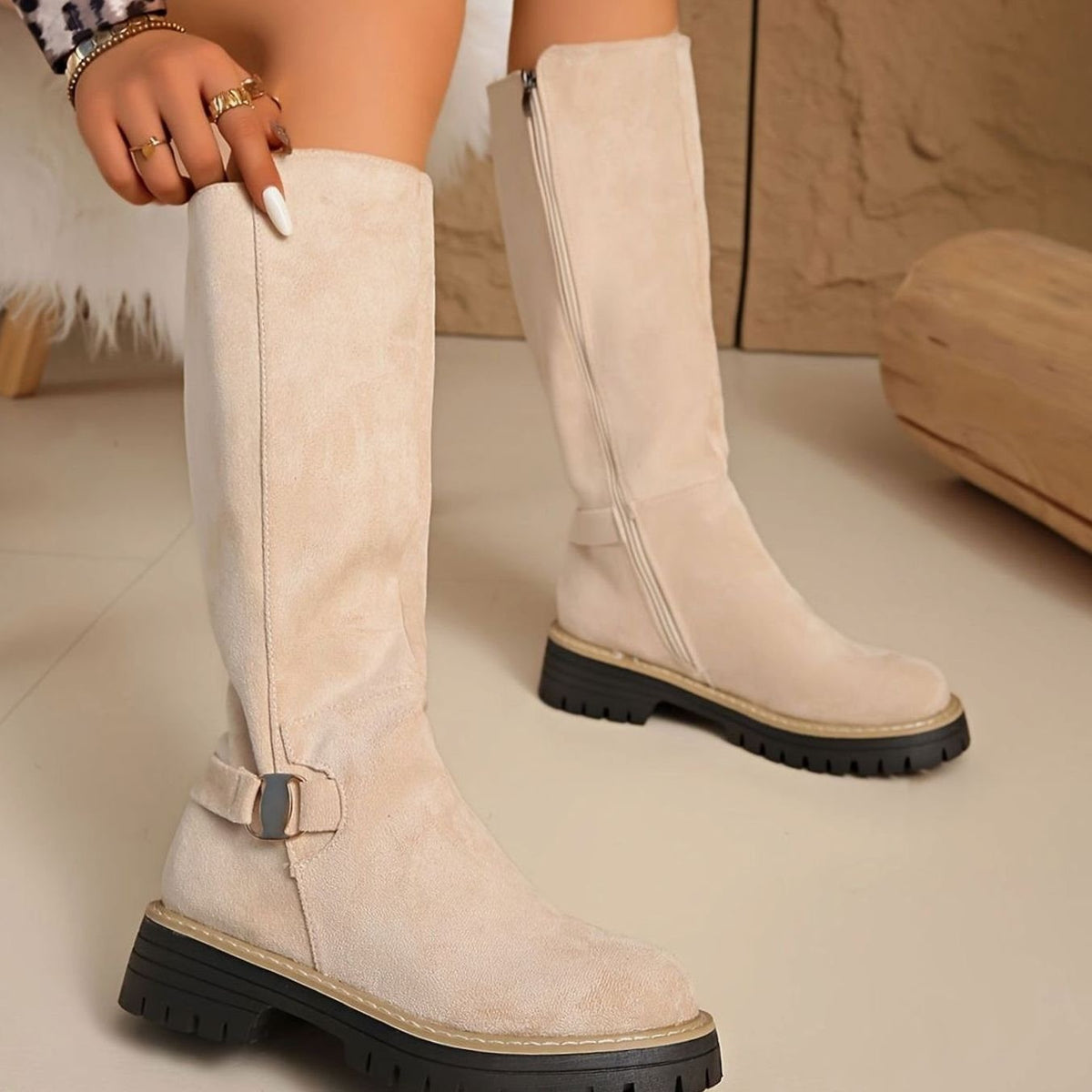 Harriet | Women's Knee-High Faux-Suede Block Heel Boots with Side Zip - Beige