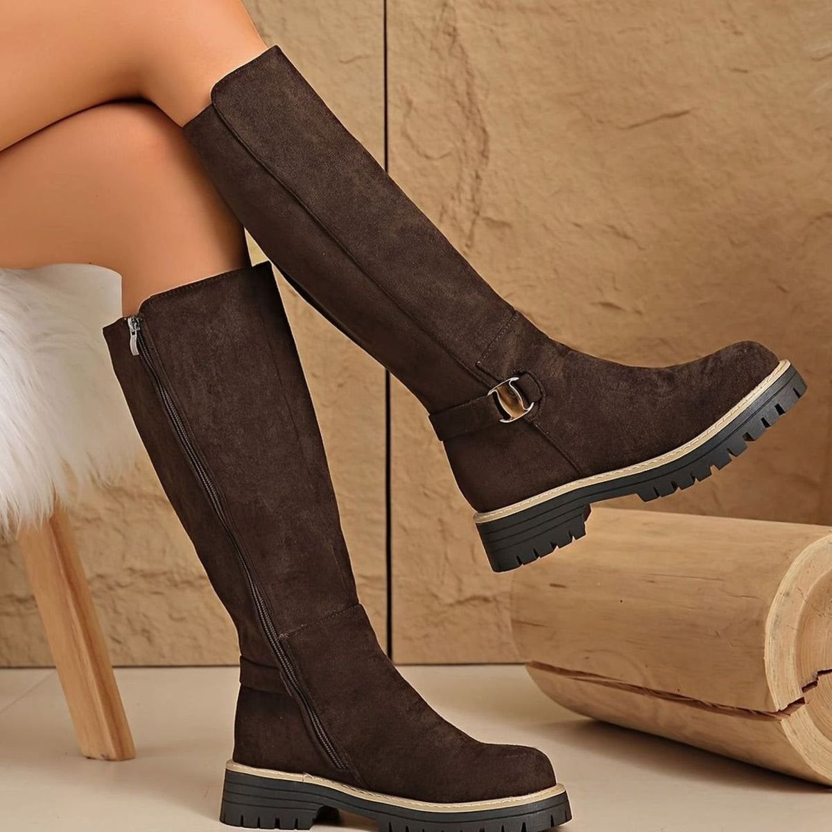Harriet | Women's Knee-High Faux-Suede Block Heel Boots with Side Zip - Coffee