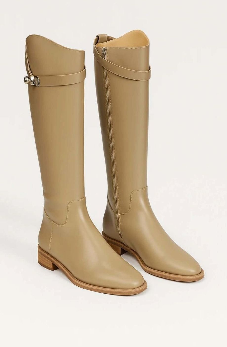 Harriet | Women's Knee-High Vegan Leather Pull-On Boots with Buckle Accent - Beige