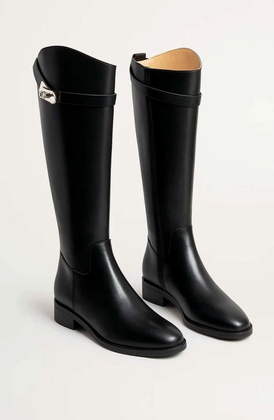 Harriet | Women's Knee-High Vegan Leather Pull-On Boots with Buckle Accent - Black