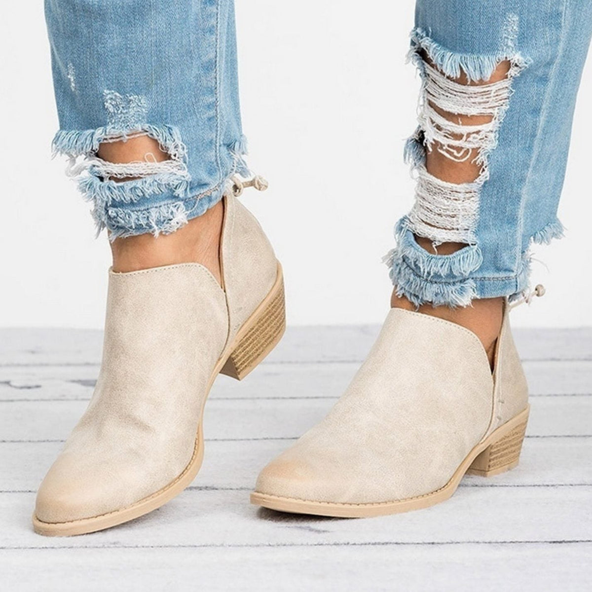 Harriet | Women's Slip-On Pointed-Toe Block Heel Ankle Boots - Beige