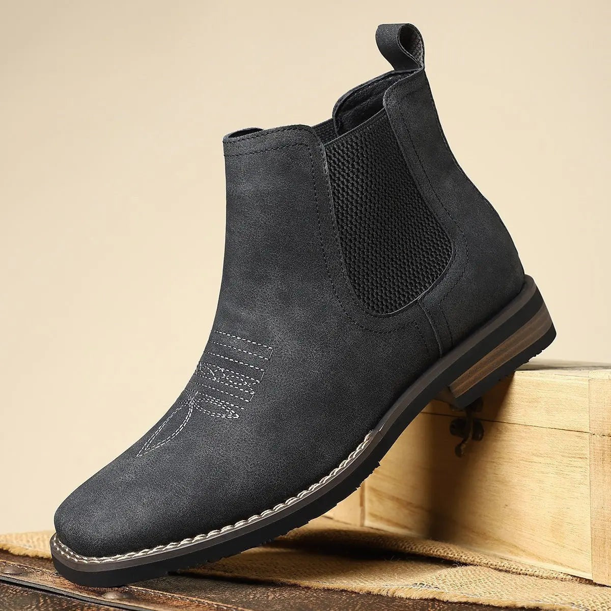 Harry | Men's Slip-On Elasticated Western-Stitch Chelsea Boots - Charcoal