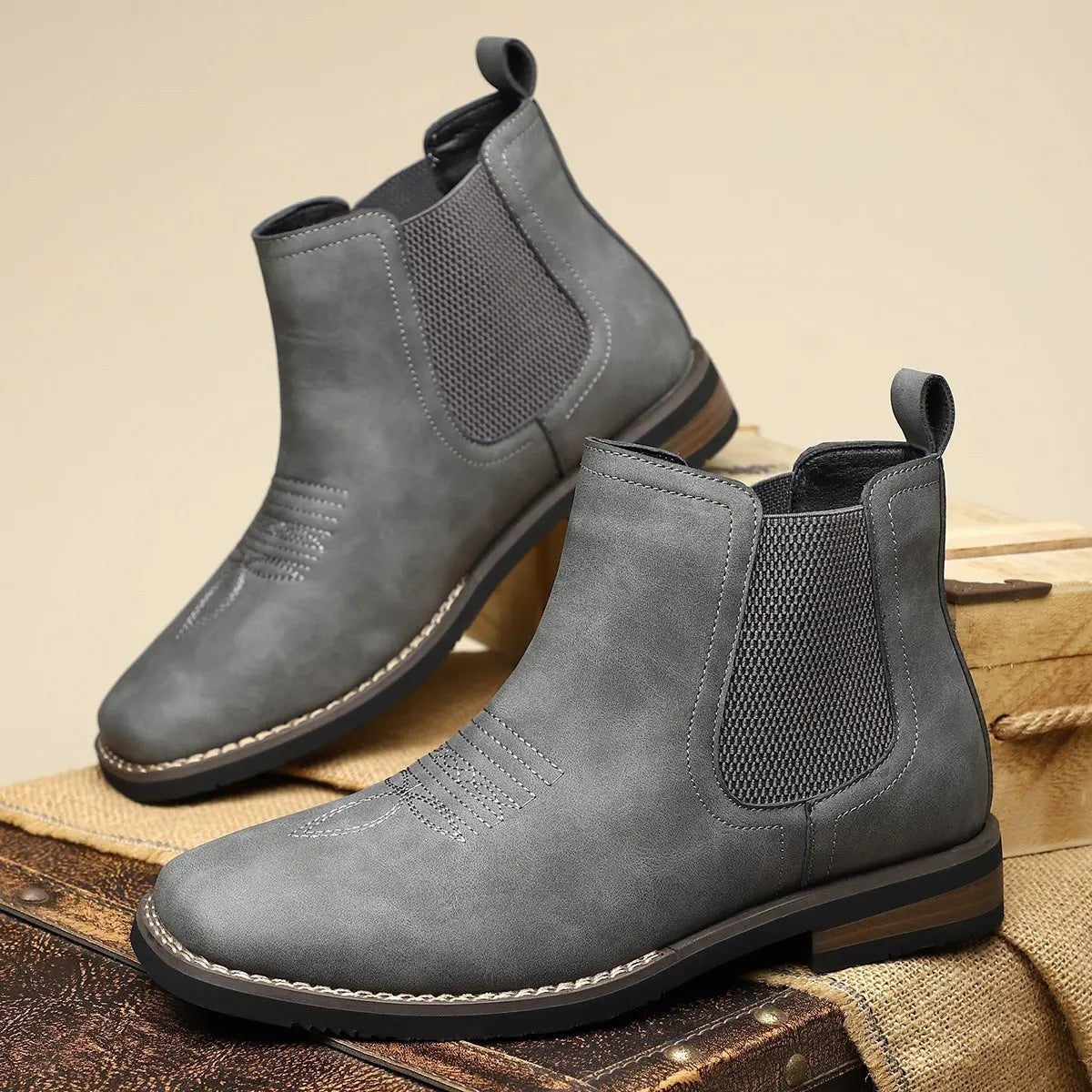 Harry | Men's Slip-On Elasticated Western-Stitch Chelsea Boots - Charcoal