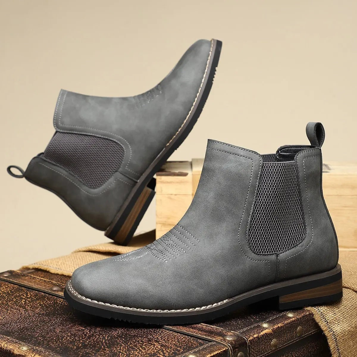 Harry | Men's Slip-On Elasticated Western-Stitch Chelsea Boots - Charcoal