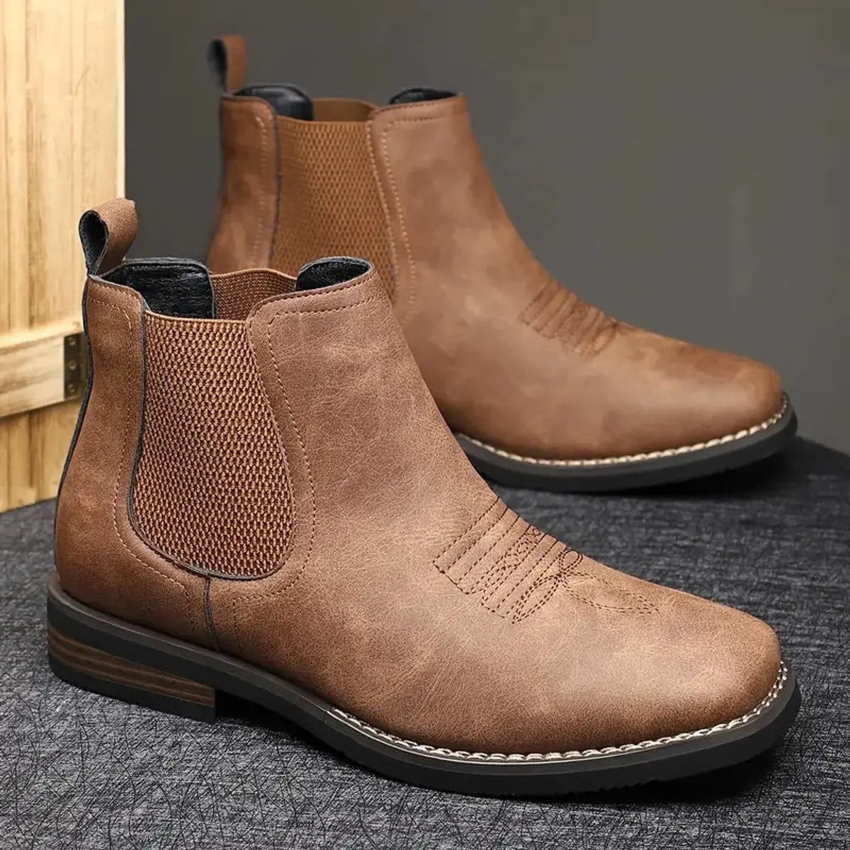 Harry | Men's Slip-On Elasticated Western-Stitch Chelsea Boots - Chestnut Brown
